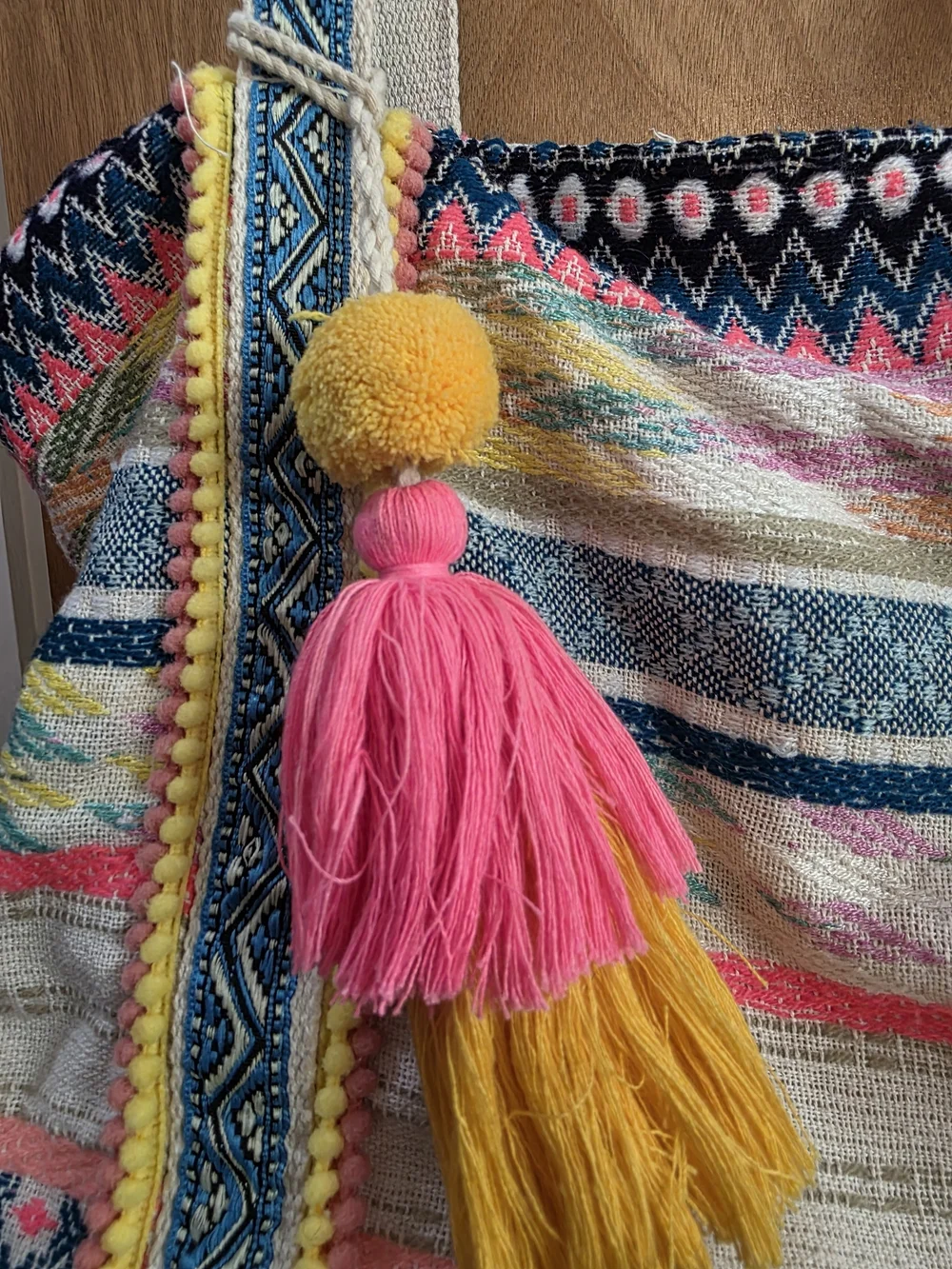 Multicolor Woven Boho Tote with Pink & Yellow Tassels